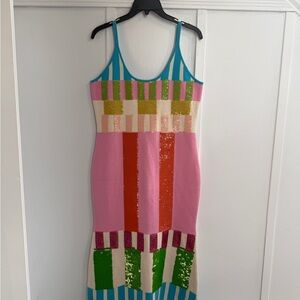 QUEEN OF SPARKLES Turquoise, Pink & Green Sequin Colorblock Maxi Dress